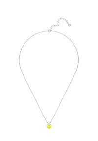 Sølv kædedesignet med en gul, hjerteformet vedhæng. Kæden er delikat og har en justerbar lås bagpå.