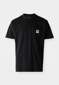 Black cotton t-shirt with a round neckline, short sleeves, and a left chest pocket featuring a red heart patch with white text.