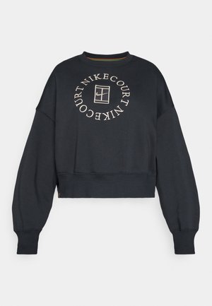 Black cropped sweatshirt with long sleeves, ribbed cuffs, and circular "NIKECOURT" text around a tennis court logo on the chest.
