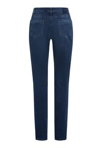 Jeans in denims, blu scuro, taglio dritto, con una texture liscia. Presenta due tasche posteriori e passanti per la cintura; senza segni di usura o decorazioni visibili.