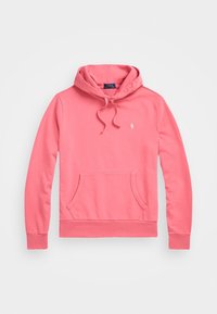 Rosa Kapuzenpullover aus weichem Stoff, mit Kängurutasche, gerippten Bündchen und einem kleinen gestickten Logo auf der Brust.