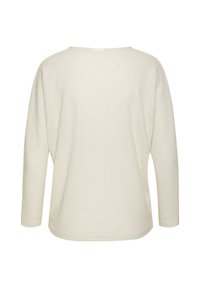 Cremfarbener Langarmoberteil aus strukturiertem, gestricktem Stoff. Verfügt über einen weiten Ausschnitt und einen lässigen Schnitt, mit einem durchgehenden Saum und ohne Verschlüsse.