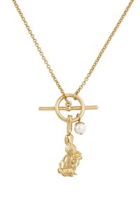 Gold necklace featuring a rabbit pendant, pearl accent, and toggle clasp. Chain is delicate with interlinked oval shapes.