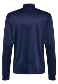 Pullover navy blu con maniche lunghe e colletto alto, realizzato in tessuto liscio e testurizzato. Presenta polsi aderenti e un design pulito e minimalista.