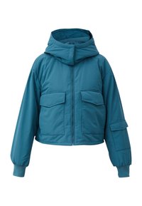 Turkusowa kurtka puchowa do połowy brzucha z kapturem, z przednim zamkiem błyskawicznym i dwoma kieszeniami na piersi. Posiada elastyczne mankiety i gładką, matową teksturę.
