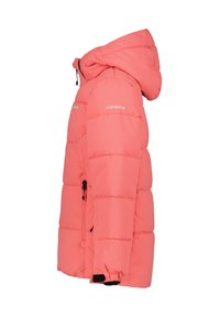 Veste courte en corail avec capuche, présentant des sections matelassées, une fermeture éclair à l'avant et des poignets ajustables. Fabriquée en matériau léger et isolant.