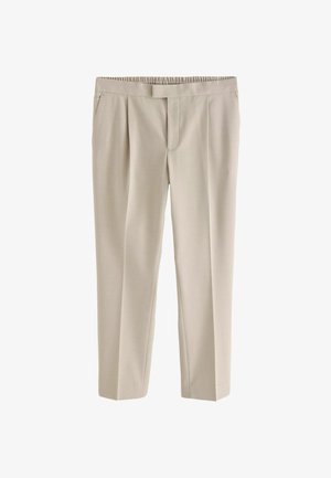 Pantaloni bej croiți, cu picior drept, pliuri frontale, buzunare laterale și închidere în talie cu cârlig și bară.