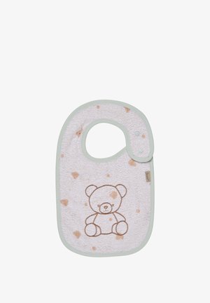 Morbido bavaglino bianco per bambini con macchie marrone chiaro e disegno ricamato di un orsacchiotto, con chiusura a scatto e bordo grigio chiaro.
