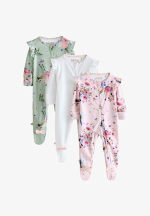 Tri bebeće rompers: jedan zeleni s cvjetnim uzorkom i volanima, jedan bijeli i jedan ružičasti s cvjetnim dizajnom i mašnicama na nogama.