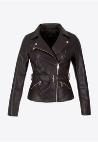 Ruskea nahkainen moottoripyörätakki, jossa on vyötärövyö, hopeanväriset vetoketjut, lovellinen kaulus ja kaksi vetoketjullista taskua. Sileä pinta ja istuva malli.