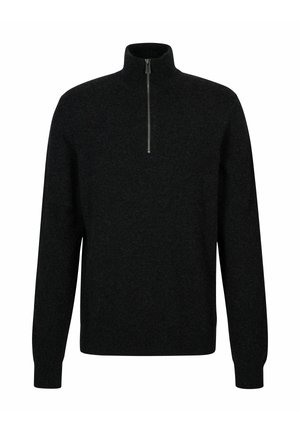 Maglione nero lavorato a maglia con collo a mezza zip, maniche lunghe e polsini a coste. Realizzato in tessuto morbido con finitura testurizzata.