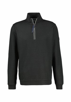 Schwarzer Langarm-Pullover mit strukturiertem Muster und einem vorderen Viertelreißverschluss mit dunkelblauem Zipper.