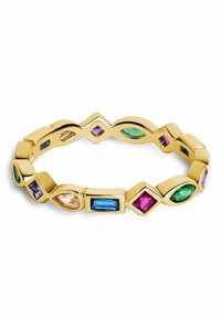 Goldfarbener Ring mit verschiedenen bunten Edelsteinen in unterschiedlichen Formen, darunter oval und rechteckig, die in ein wellenförmiges Design integriert sind.