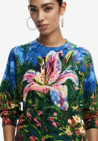 Maglione lavorato a maglia con un vivace motivo floreale che presenta gigli rosa e fogliame verde, nei colori blu, verde e rosa. Collo rotondo, maniche lunghe.