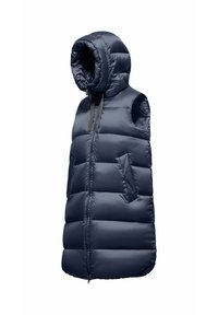 Gilet puffer blu navy con cappuccio, design senza maniche, imbottitura orizzontale, tasca frontale con cerniera e dettagli con cordino sul cappuccio.