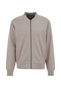 Helehall bomberjakk eesluku, soonikkoes varrukate äärte ja küljetaskutega. Sile tekstuur, minimalistlik disain, ilma nähtavate mustriteta.