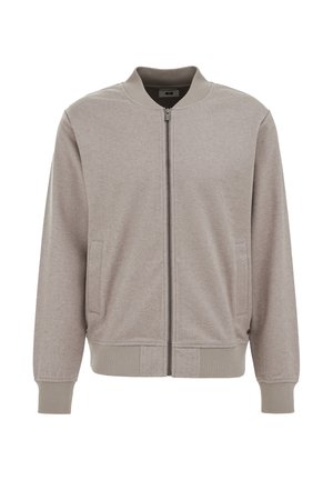 Gaiši pelēka bombere jaka ar priekšā esošu rāvējslēdzēju, ribām apdurtām aprocēm un sānu kabatām. Gluda tekstūra, minimālistisks dizains un bez redzamām rakstiem.