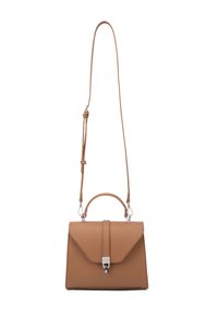 Borsa in pelle color cuoio con un design strutturato, manico superiore e tracolla regolabile. Presenta una chiusura a pattina piegata e parti in metallo argentato.