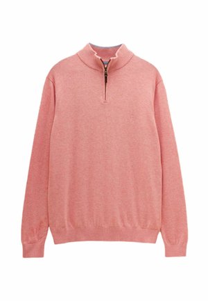 Men’s pink quarter-zip sweater with ribbed collar, cuffs, and hem, laid flat on a white background.