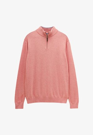 Herren-Pullover in Pink mit Viertel-Reißverschluss, geripptem Kragen, Bündchen und Saum, liegend auf weißem Hintergrund.