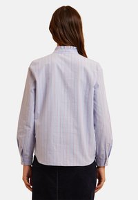 Lichtblauw shirt met verticale strepen in roze, met een geraffineerde kraag, lange mouwen, knoopmanchetten en een rechte zoom aan de achterkant.