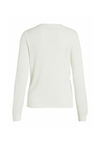 White textured sweater with a round neck and long sleeves. Features a thick ribbed hem and cuffs, providing a structured, cozy appearance.