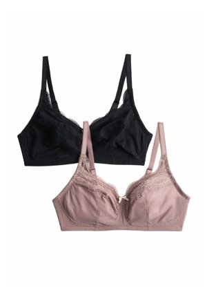 To trådløse bh'er med blondekant, den ene sort og den anden mauve, med justerbare stropper og blødt tekstureret stof.