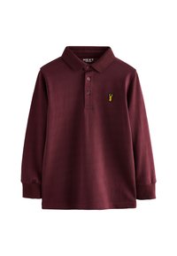 Burgundijas krāsas garo piedurknju polo krekls, izgatavots no struktūrētas auduma, ar apkakli, trim pogām un mazu dzeltenu omāru logotipu uz krūtīm.