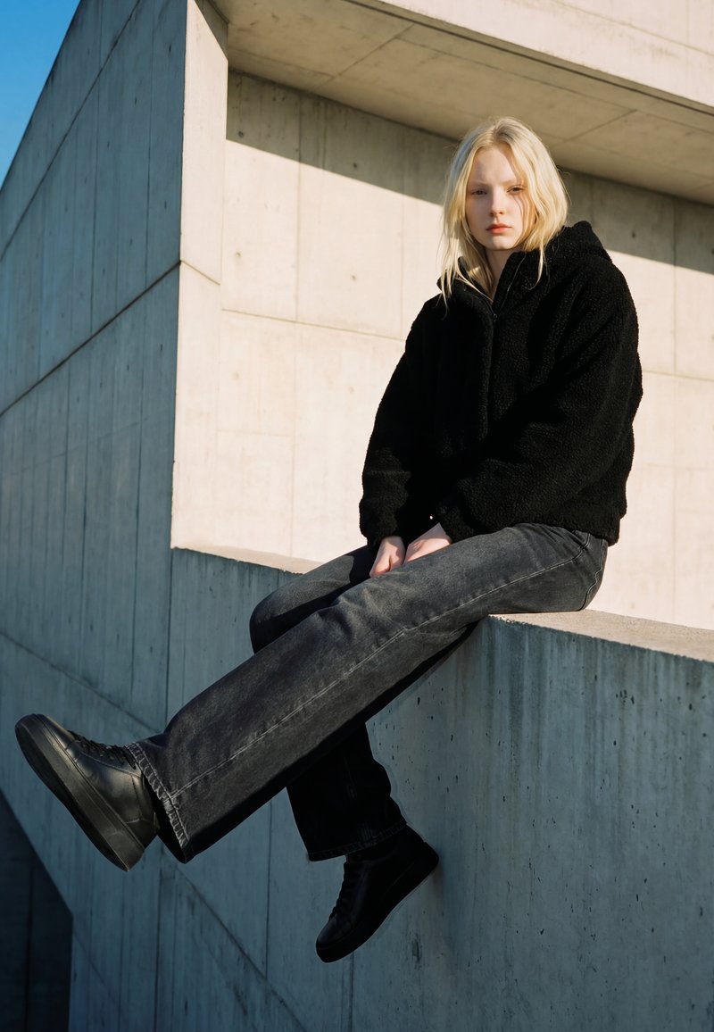 Jonge vrouw met blond haar, gekleed in een zwart jasje en donkere spijkerbroek, zittend op een betonnen rand voor een modern betonnen gebouw.