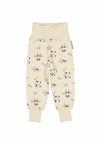 Krämfärgade babybukser med tryck av panda och bambu, elastiska muddar och en bred midja för komfort.