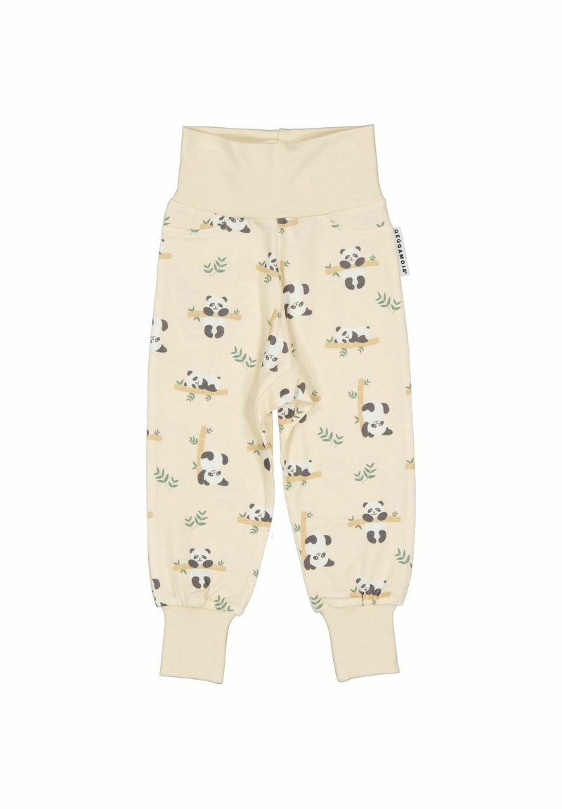 Krämfärgade babybukser med tryck av panda och bambu, elastiska muddar och en bred midja för komfort.