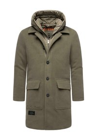 Olivazöld gyapjúkabát cipzáros bézs béléssel, kapucnival, fekete gombokkal, két elülső zsebbel és márkás címkével.