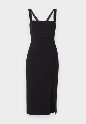 Black fitted midi dress with a square neckline, wide shoulder straps, and a side slit. Made from smooth fabric, it features a sleek silhouette.