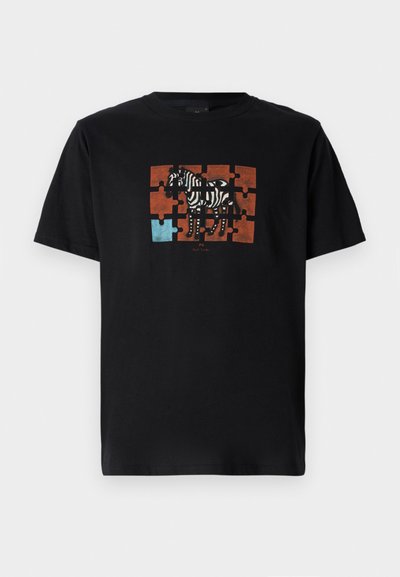 Black cotton t-shirt featuring a zebra graphic on a puzzle background with orange and blue accents. Short sleeves and standard crew neck design.