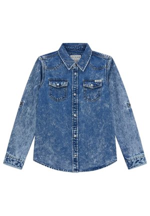 Niebieska koszula jeansowa z efektem acid wash z długim rękawem, z przodu na guziki, z dwoma kieszeniami na piersi z patkami i ostrym kołnierzem.