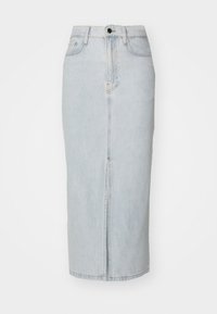 Lys blå denim midi-skjørt med rett snitt, frontslitt og metallknapp-lukking i livet. Har klassisk denimtekstur og søm.