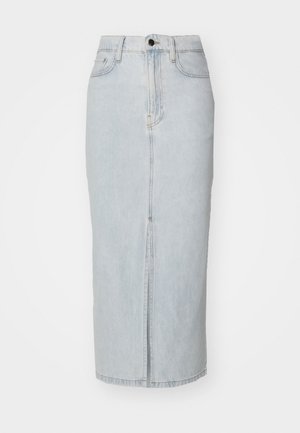 Lys blå denim midi-skjørt med rett snitt, frontslitt og metallknapp-lukking i livet. Har klassisk denimtekstur og søm.