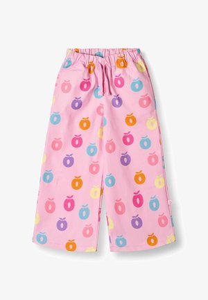Rózsaszín gyereknadrág, színes almákkal díszítve, narancssárga, kék, sárga és lila színekben. Rugalmas derékrész a könnyű viselhetőség érdekében.