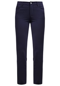 Mörkblå slim-fit byxor tillverkade av ett mjukt, stretchigt material. Har fem fickor och en metallknäppning i midjan.