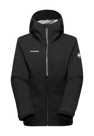 Svart Mammut vattentät jacka med huva, full framdragkedja, justerbara ärmslut och logotyp på bröstet och vänster ärm.