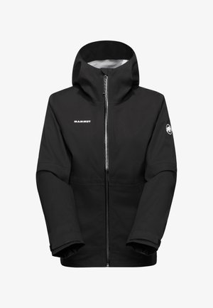 Svart Mammut vattentät jacka med huva, full framdragkedja, justerbara ärmslut och logotyp på bröstet och vänster ärm.