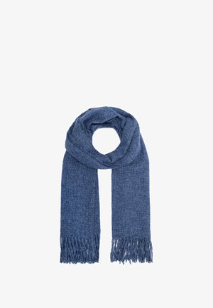 Niebieski, pleciony szal o miękkiej teksturze, z frędzlami na krawędziach i klasycznym prostokątnym kształcie, odpowiedni do różnych stylizacji.
