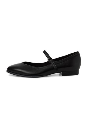 Czarne skórzane buty Mary Jane z zaokrąglonym nosem, cienkim paskiem, regulowanym zapięciem i niskim, kwadratowym obcasem. Gładka tekstura, klasyczny design.