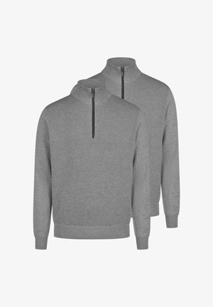 To grå kvart-zip sweatere med struktureret stof, ribstrikkede manchetter og kant, vist med den ene lidt bag den anden på en hvid baggrund.