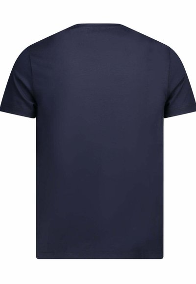 T-shirt navy blu con maniche corte, realizzato in morbido cotone, caratterizzato da un collo tondo e una schiena liscia senza stampa o decorazioni.