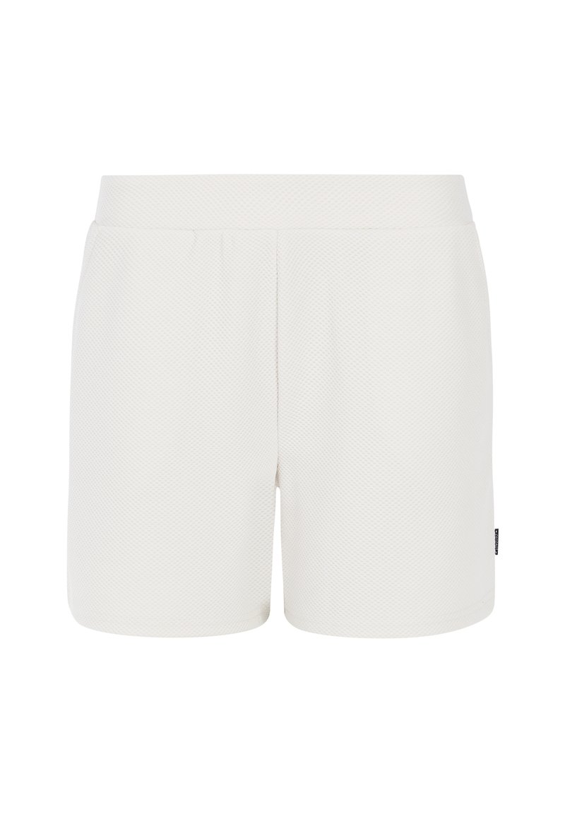 Shorts blancs en tissu texturé avec une taille élastique et sans poches visibles. Design simple et fonctionnel avec une coupe moderne.