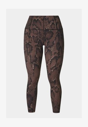 Leggings met hoge taille met een bruin-zwart slangenhuidpatroon en zichtbare stiksels aan de voorkant en zijkanten.