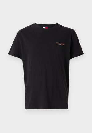 Black cotton T-shirt with short sleeves, crew neckline, and a small logo featuring red and yellow accents on the left chest area.