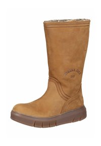 Tanfarbene kniehohe Stiefel mit einem Kunstfellbesatz, die über subtile Stickdetails und eine strapazierfähige braune Gummisohle verfügen. Die Markenkennzeichnung ist sichtbar an der Seite.
