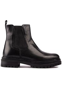 Black leather Chelsea boots with elastic side panels, rounded toe, and chunky rubber sole featuring deep tread for traction.